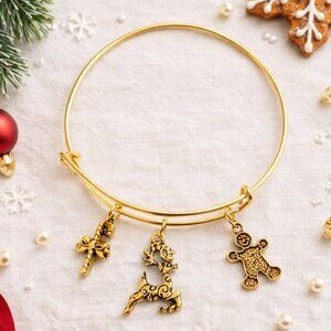 Gold Christmas Charm Bangle Bracelet Candy Cane Reindeer Gingerbread